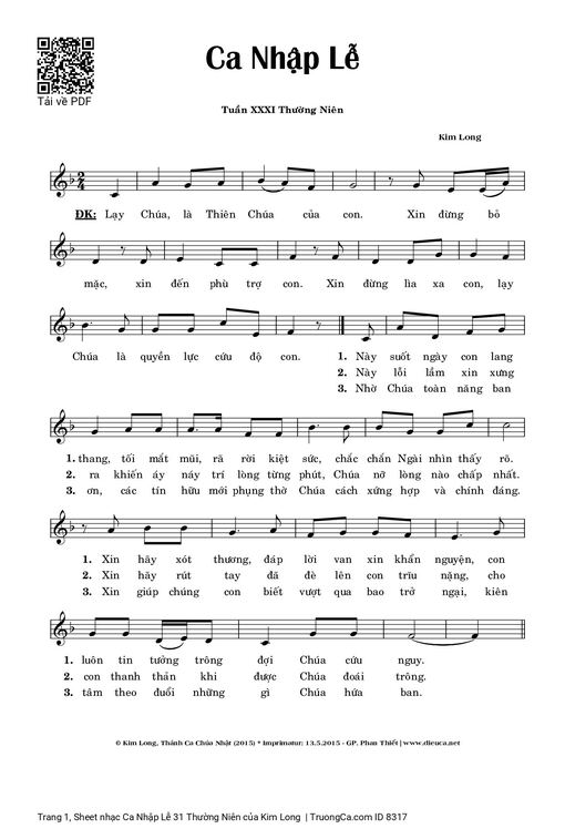 Sheet nhạc PDF bài Ca Nhập Lễ 31 Thường Niên