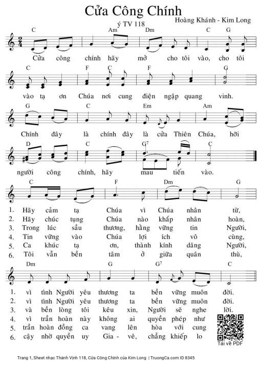 Sheet nhạc PDF bài Thánh Vịnh 118, Cửa Công Chính