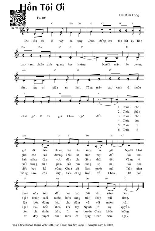 Sheet nhạc PDF bài Thánh Vịnh 103) , Hồn Tôi ơi!