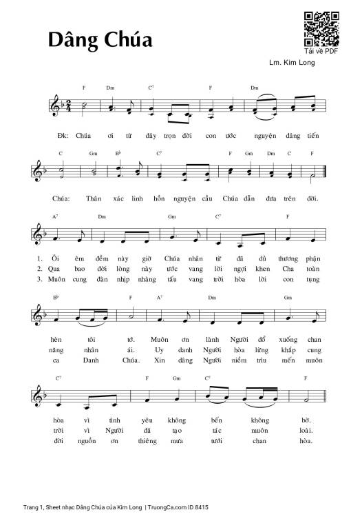 Sheet nhạc PDF bài Dâng Chúa - Kim Long