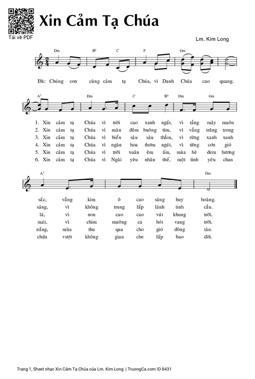 Sheet nhạc PDF bài Xin Cảm Tạ Chúa