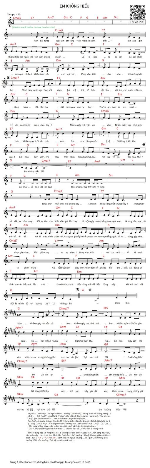 Sheet nhạc PDF bài Em không hiểu