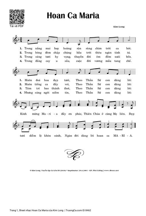 Sheet nhạc PDF bài Hoan Ca Maria - Kim Long