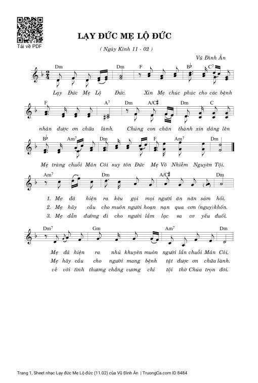 Sheet nhạc PDF bài Lạy đức Mẹ Lộ đức (11.02)