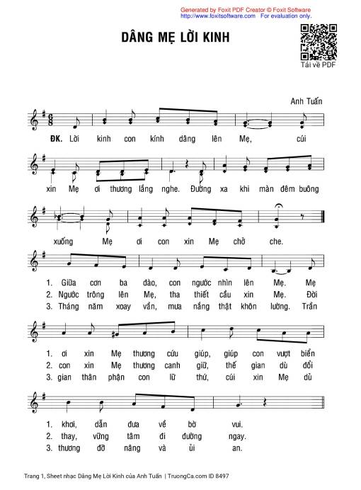 Sheet nhạc PDF bài Dâng Mẹ Lời Kinh