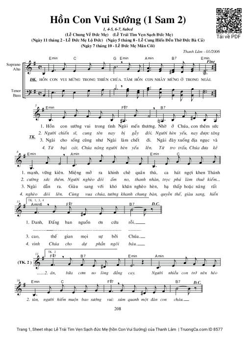 Sheet nhạc PDF bài Lễ Trái Tim Vẹn Sạch đức Mẹ (hồn Con Vui Sướng)