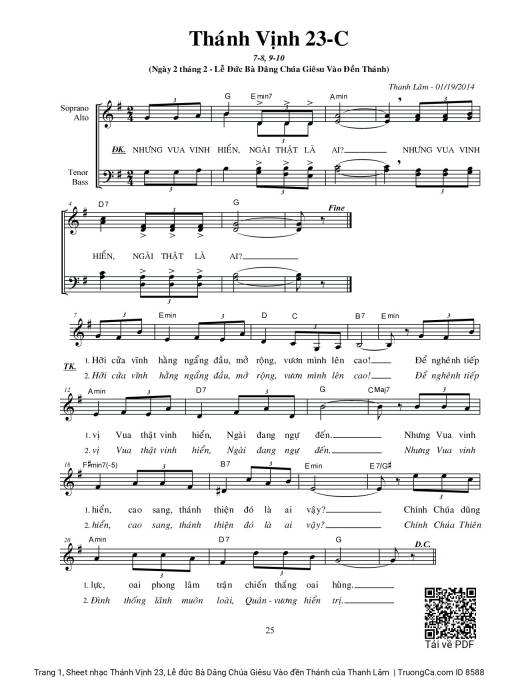 Sheet nhạc PDF bài Thánh Vịnh 23, Lễ đức Bà Dâng Chúa Giêsu Vào đền Thánh