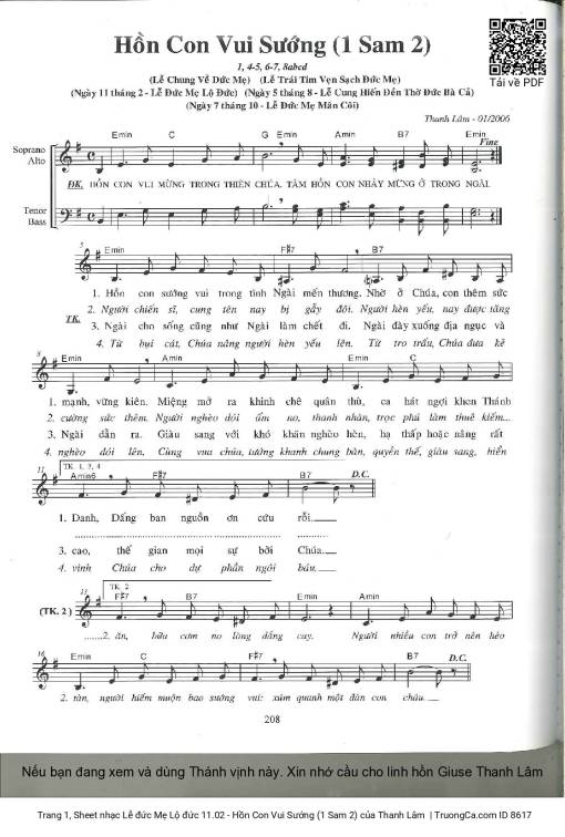 Sheet nhạc PDF bài Lễ đức Mẹ Lộ đức 11.02 - Hồn Con Vui Sướng (1 Sam 2)