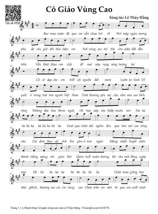 Sheet nhạc PDF bài Cô giáo vùng cao