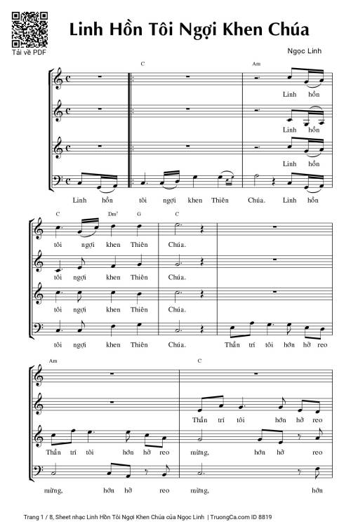 Sheet nhạc PDF bài Linh Hồn Tôi Ngợi Khen Chúa (4 bè)