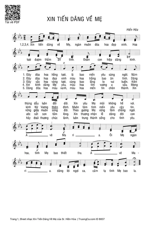 Sheet nhạc PDF bài Xin Tiến Dâng Về Mẹ
