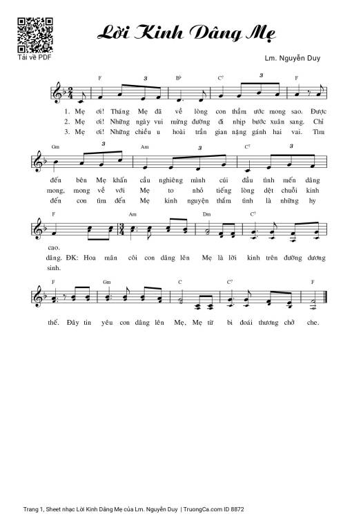 Sheet nhạc PDF bài Lời Kinh Dâng Mẹ