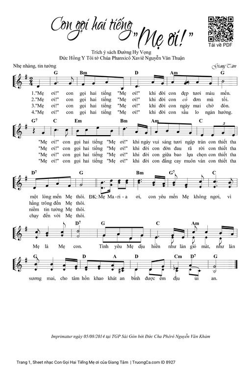 Sheet nhạc PDF bài Con Gọi Hai Tiếng Mẹ ơi