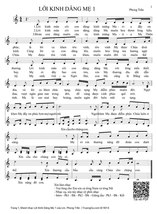 Sheet nhạc PDF bài Lời Kinh Dâng Mẹ 1