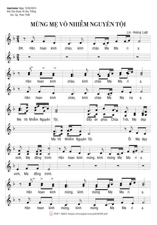 Sheet nhạc PDF bài Mừng Mẹ Vô Nhiễm Nguyên Tội