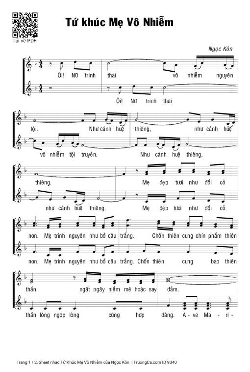 Sheet nhạc PDF bài Tứ Khúc Mẹ Vô Nhiễm