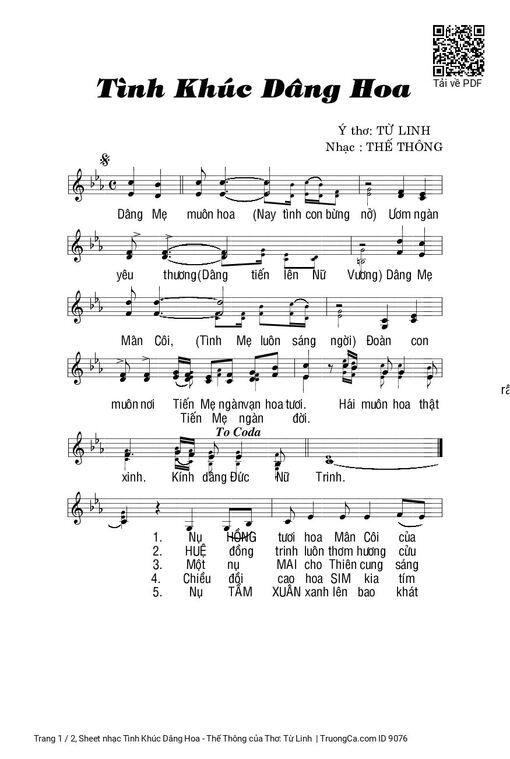 Sheet nhạc PDF bài Tình Khúc Dâng Hoa - Thế Thông