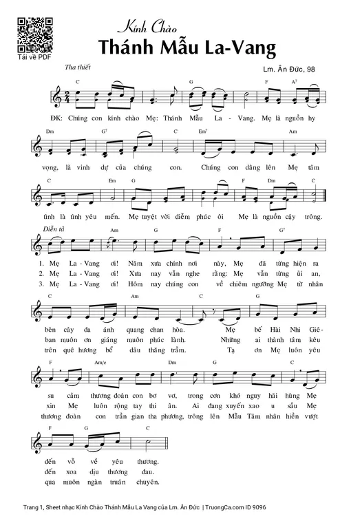 Sheet nhạc PDF bài Kính Chào Thánh Mẫu La Vang