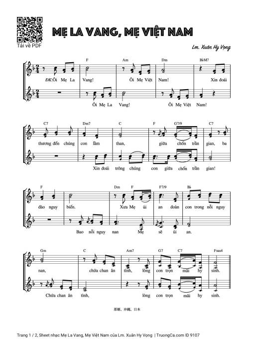 Sheet nhạc PDF bài Mẹ La Vang, Mẹ Việt Nam