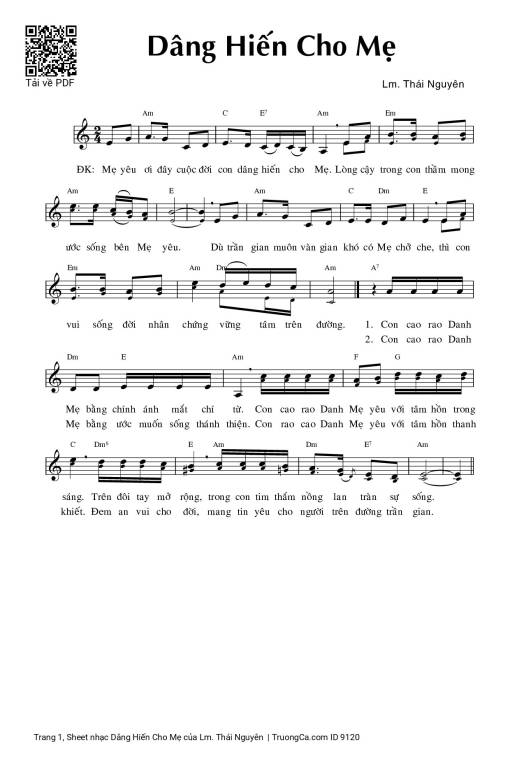 Sheet nhạc PDF bài Dâng Hiến Cho Mẹ