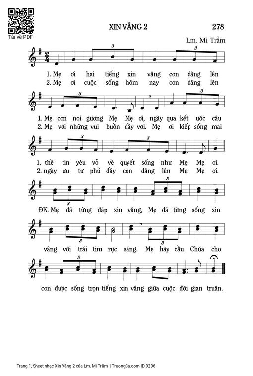 Sheet nhạc PDF bài Xin Vâng 2 - Lm. Mi Trầm