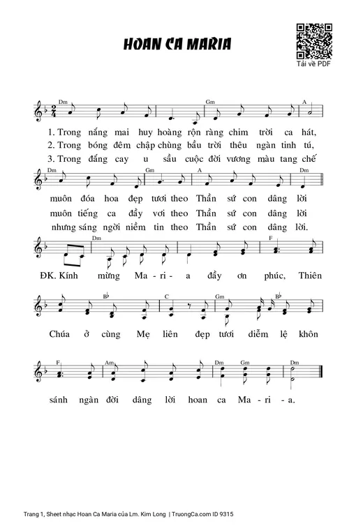 Sheet nhạc PDF bài Hoan Ca Maria - Lm. Kim Long