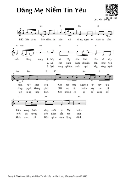 Sheet nhạc PDF bài Dâng Mẹ Niềm Tin Yêu