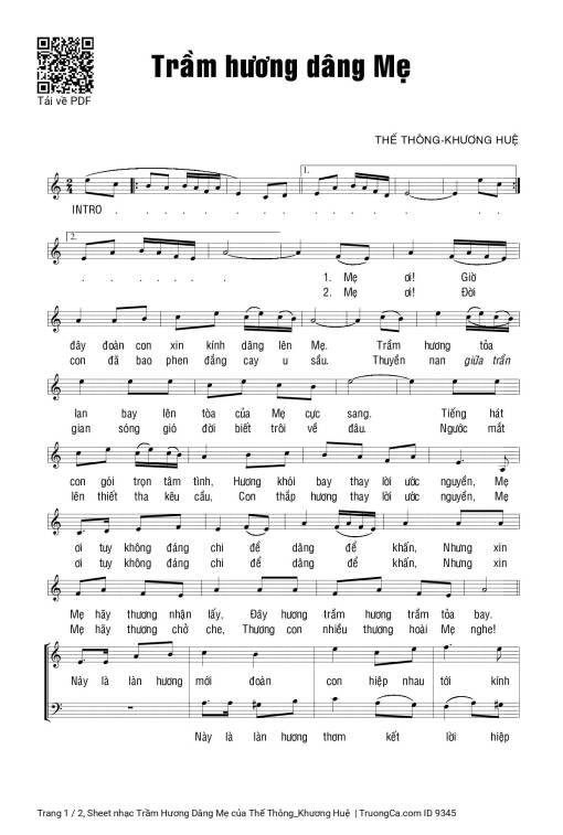 Sheet nhạc PDF bài Trầm Hương Dâng Mẹ