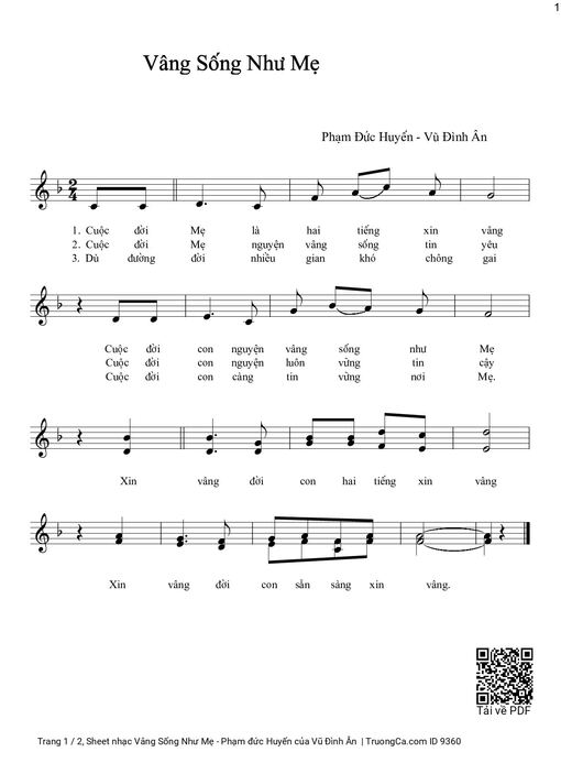 Sheet nhạc PDF bài Vâng Sống Như Mẹ - Phạm đức Huyến