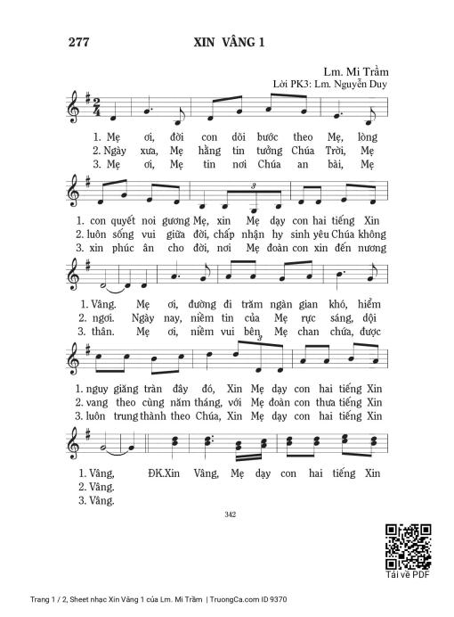 Sheet nhạc PDF bài Xin Vâng 1 - Lm. Mi Trầm