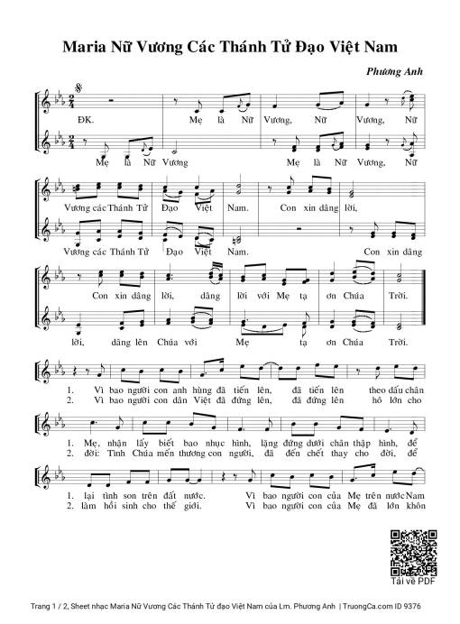 Sheet nhạc PDF bài Maria Nữ Vương Các Thánh Tử đạo Việt Nam