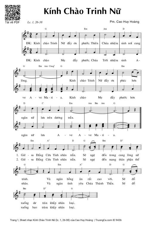 Sheet nhạc PDF bài Kính Chào Trinh Nữ (lc. 1, 26-38)