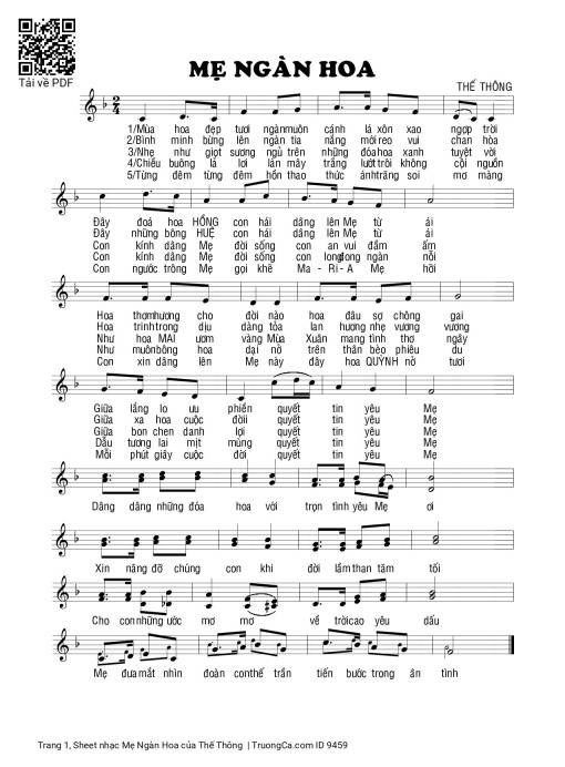 Sheet nhạc PDF bài Mẹ Ngàn Hoa - Thế Thông