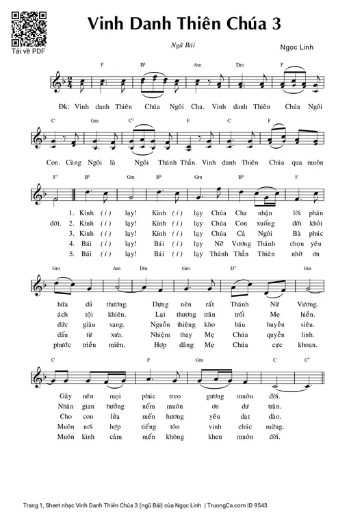 Sheet nhạc PDF bài Vinh Danh Thiên Chúa 3 (ngũ Bái)