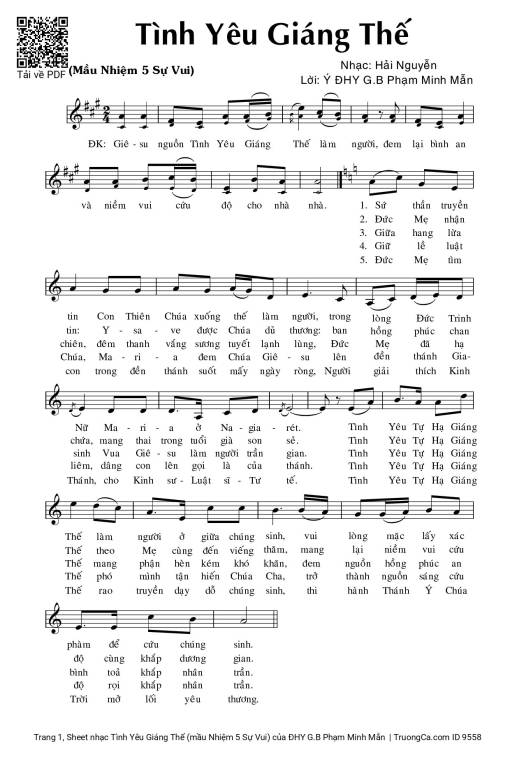 Sheet nhạc PDF bài Tình Yêu Giáng Thế (mầu Nhiệm 5 Sự Vui)