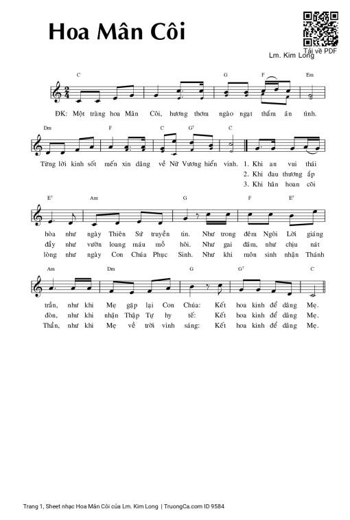 Sheet nhạc PDF bài Hoa Mân Côi - Lm. Kim Long