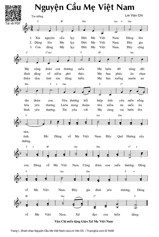 Sheet nhạc PDF bài Nguyện Cầu Mẹ Việt Nam