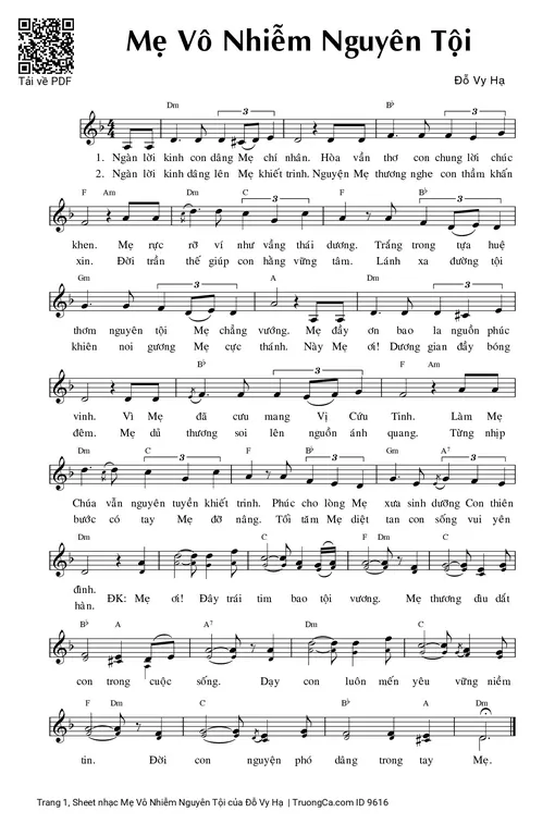 Sheet nhạc PDF bài Mẹ Vô Nhiễm Nguyên Tội
