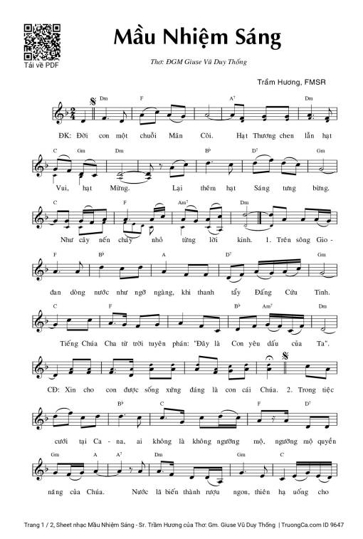 Sheet nhạc PDF bài Mầu Nhiệm Sáng - Sr. Trầm Hương