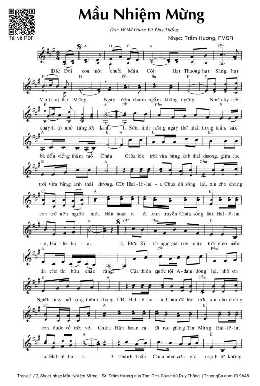 Sheet nhạc PDF bài Mầu Nhiệm Mừng -  Sr. Trầm Hương
