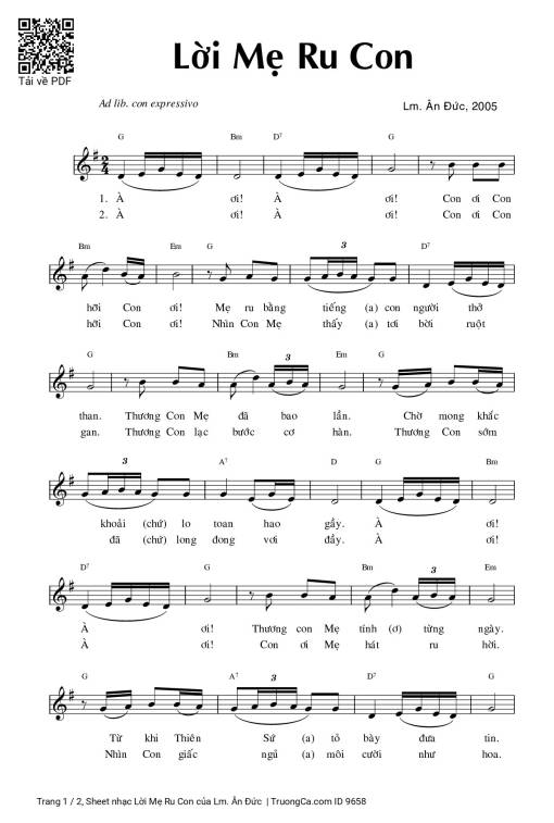 Sheet nhạc PDF bài Lời Mẹ Ru Con