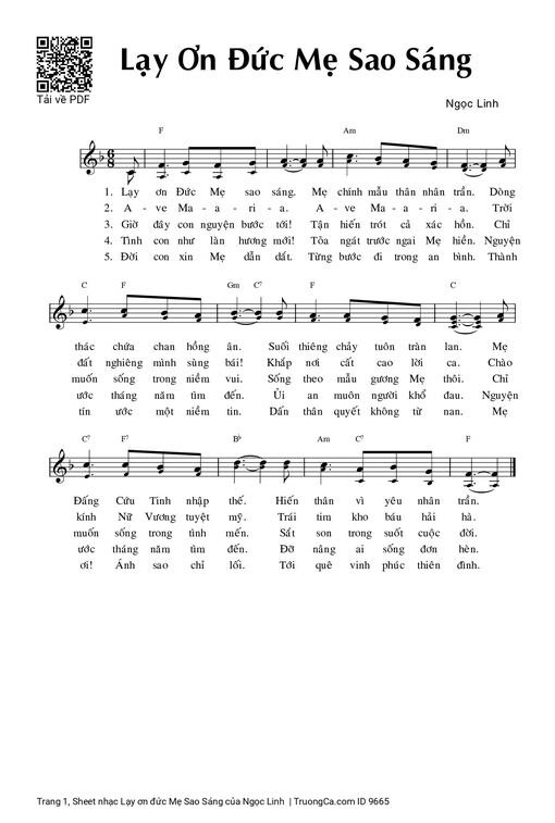Sheet nhạc PDF bài Lạy ơn đức Mẹ Sao Sáng