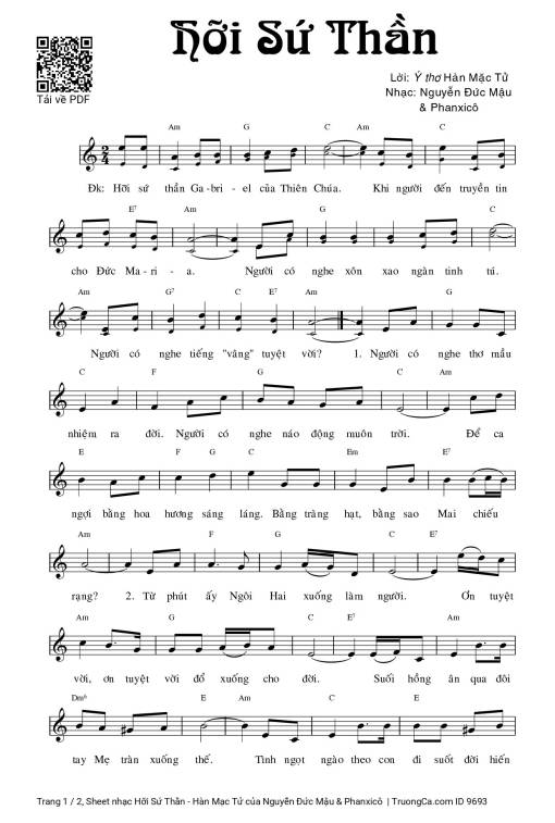 Sheet nhạc PDF bài Hỡi Sứ Thần - Hàn Mạc Tử