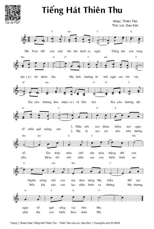 Sheet nhạc PDF bài Tiếng Hát Thiên Thu -  Thiên Tân