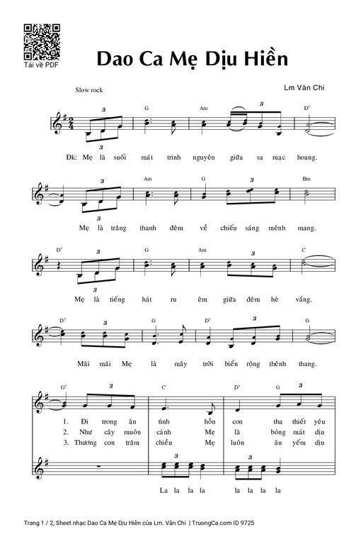 Sheet nhạc PDF bài Dao Ca Mẹ Dịu Hiền