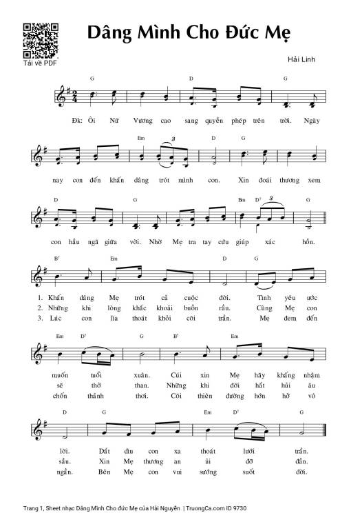 Sheet nhạc PDF bài Dâng Mình Cho đức Mẹ