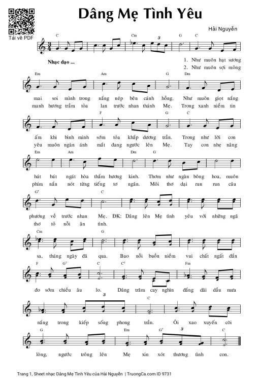 Sheet nhạc PDF bài Dâng Mẹ Tình Yêu