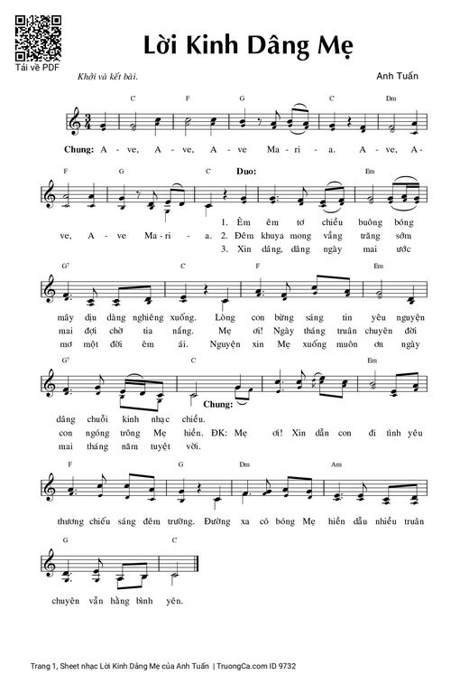 Sheet nhạc PDF bài Lời Kinh Dâng Mẹ