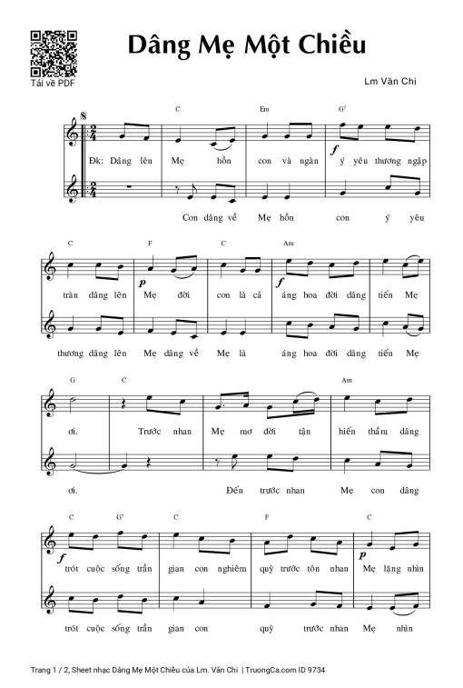 Sheet nhạc PDF bài Dâng Mẹ Một Chiều