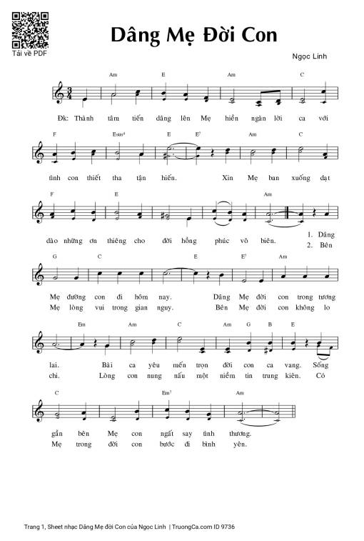 Sheet nhạc PDF bài Dâng Mẹ đời Con